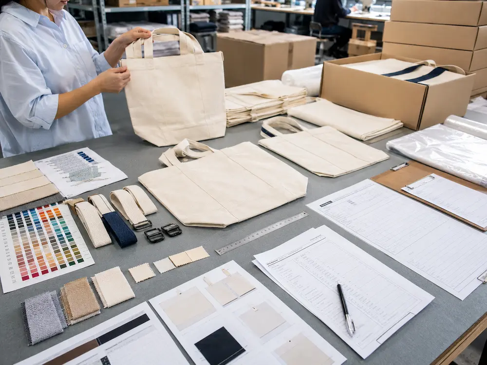 Quality inspection process for cotton and canvas tote bags showing stitching checks, fabric testing, and logo inspection