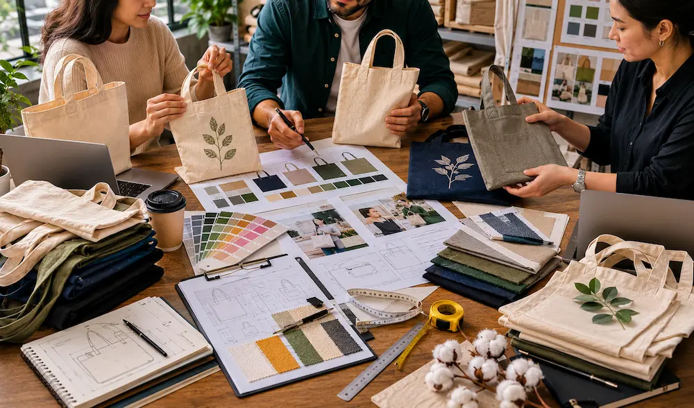 Custom tote bag samples, fabric swatches, and product development materials being reviewed before production