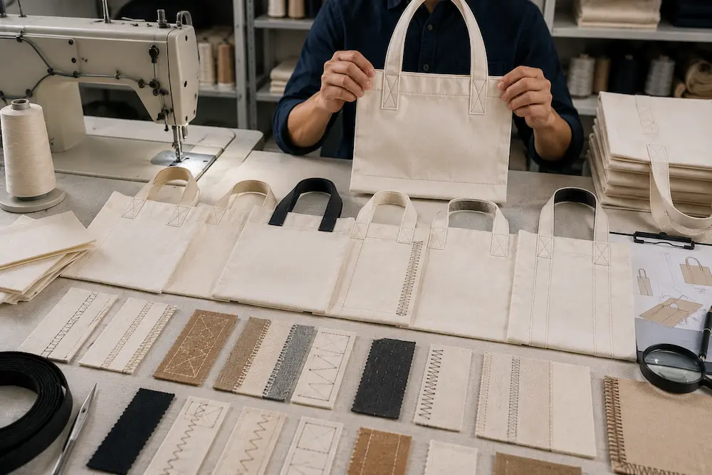 Different tote bag stitching types including reinforced seams and double stitching on canvas tote bags