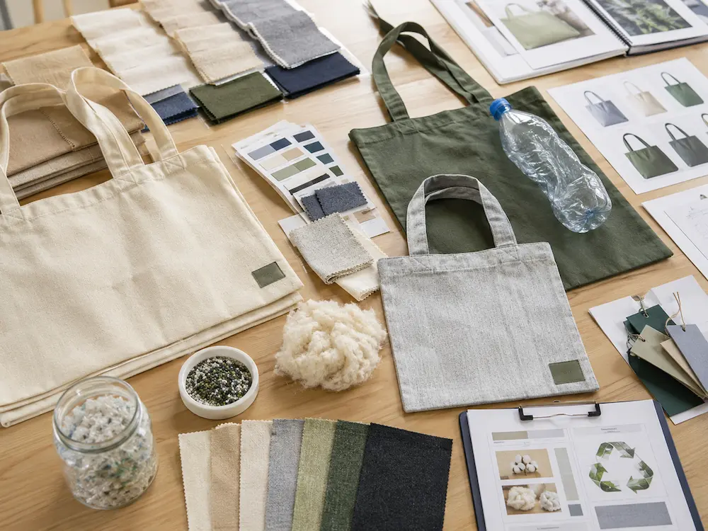 Recycled tote bags with recycled cotton fabric, RPET material samples, and sustainable sourcing documents