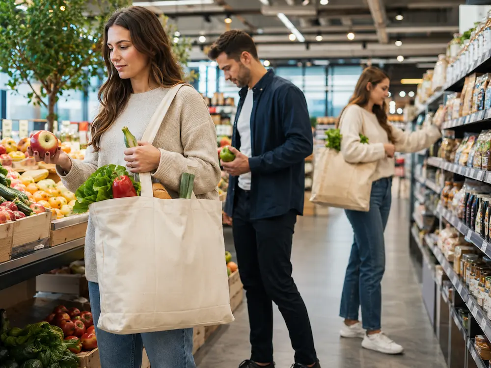 Reusable cotton and canvas tote bags used for grocery shopping in a modern retail environment