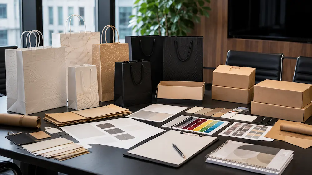 Custom printed paper bags with packaging samples, artwork proofs, and quality inspection materials prepared for premium bulk orders.