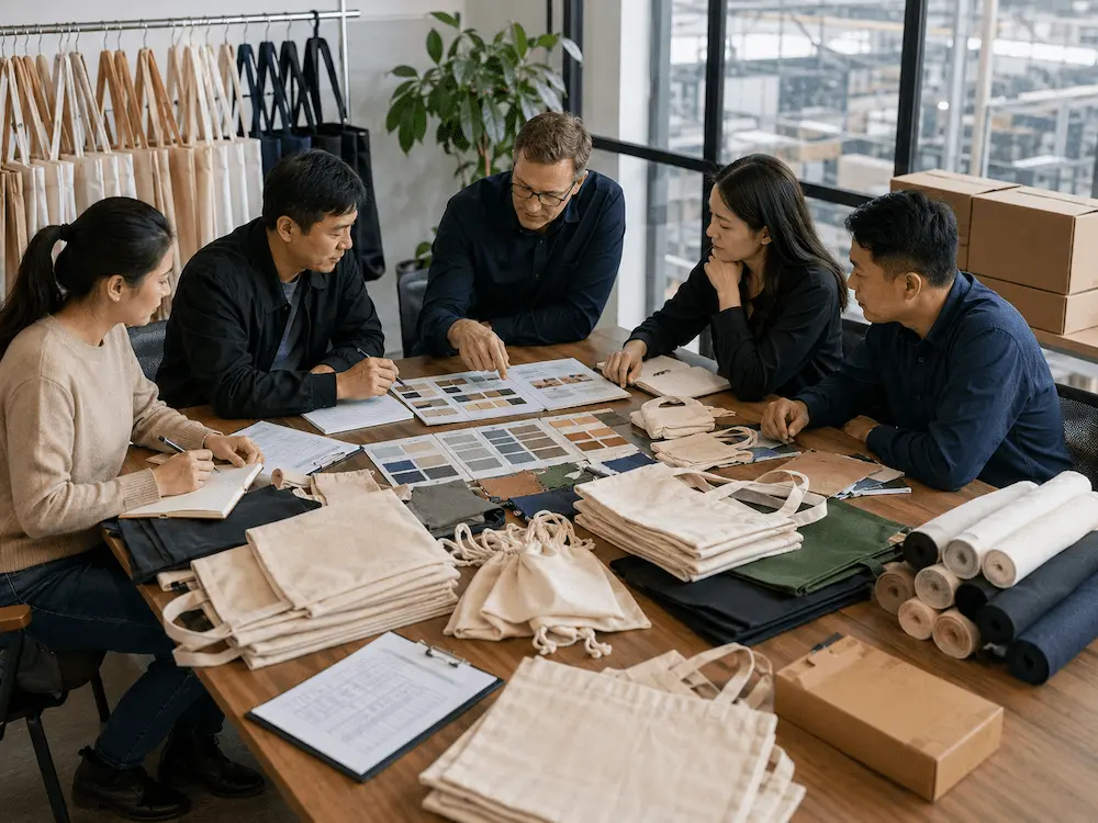 Factory team reviewing custom tote bag lead time, fabric samples and production planning