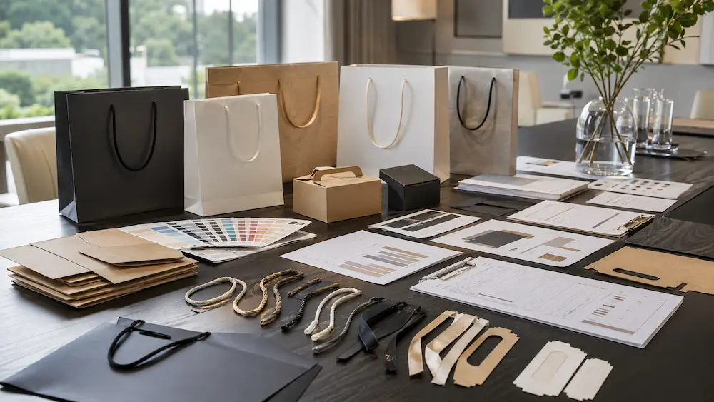 Paper Shopping Bags Manufacturer displaying premium paper bag samples, packaging materials, printing proofs, and supplier evaluation documents for premium packaging procurement.