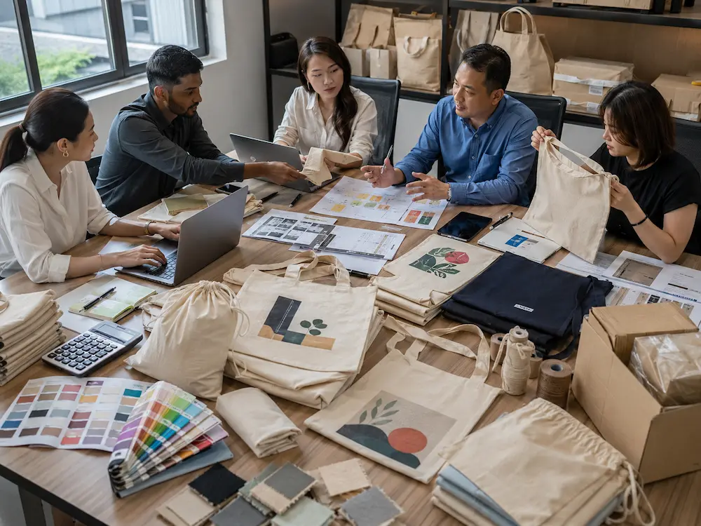 Procurement managers comparing tote bag MOQ, cotton and canvas samples, printing options and bulk order pricing