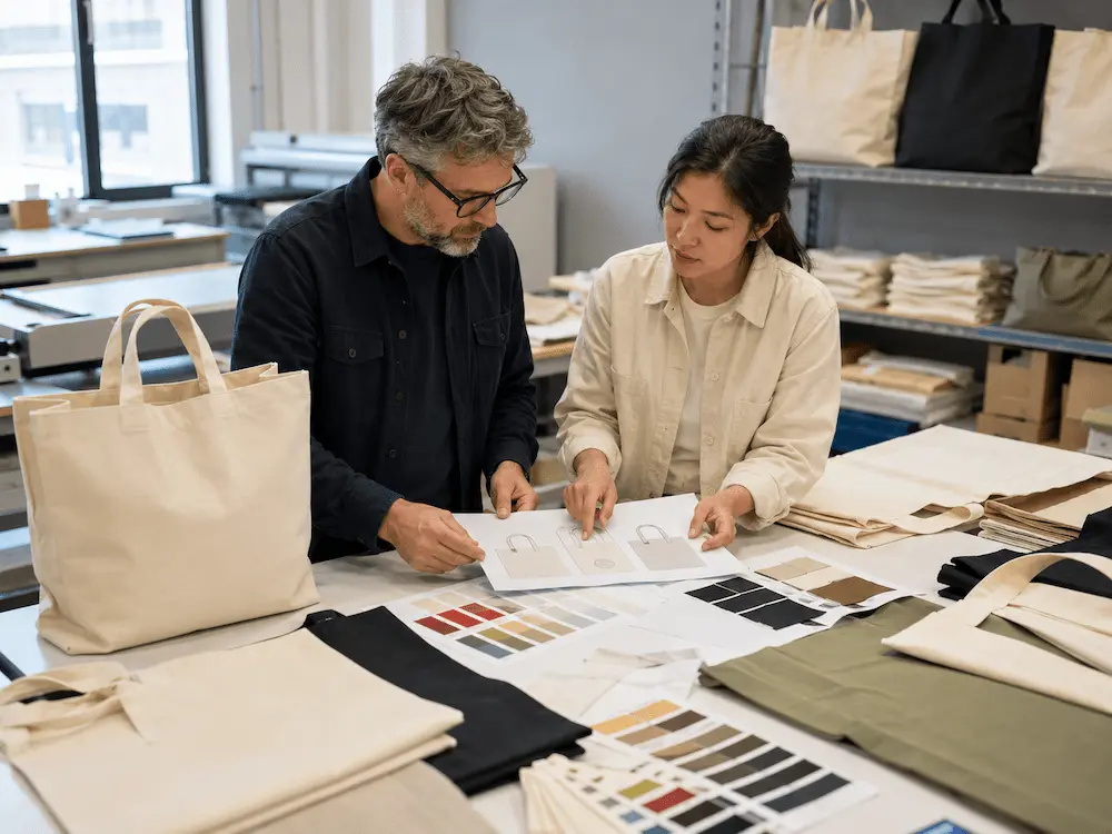 Designer reviewing tote bag printing artwork files, colour samples and production specifications