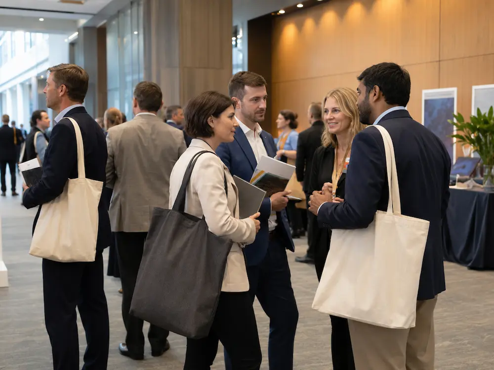 Business professionals carrying reusable tote bags at a corporate event