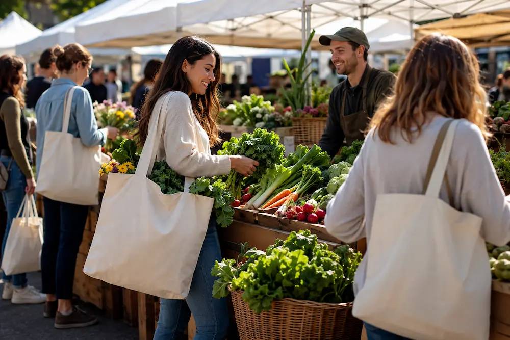 Customers carrying reusable cotton and canvas tote bags filled with fresh produce at a local farmers market