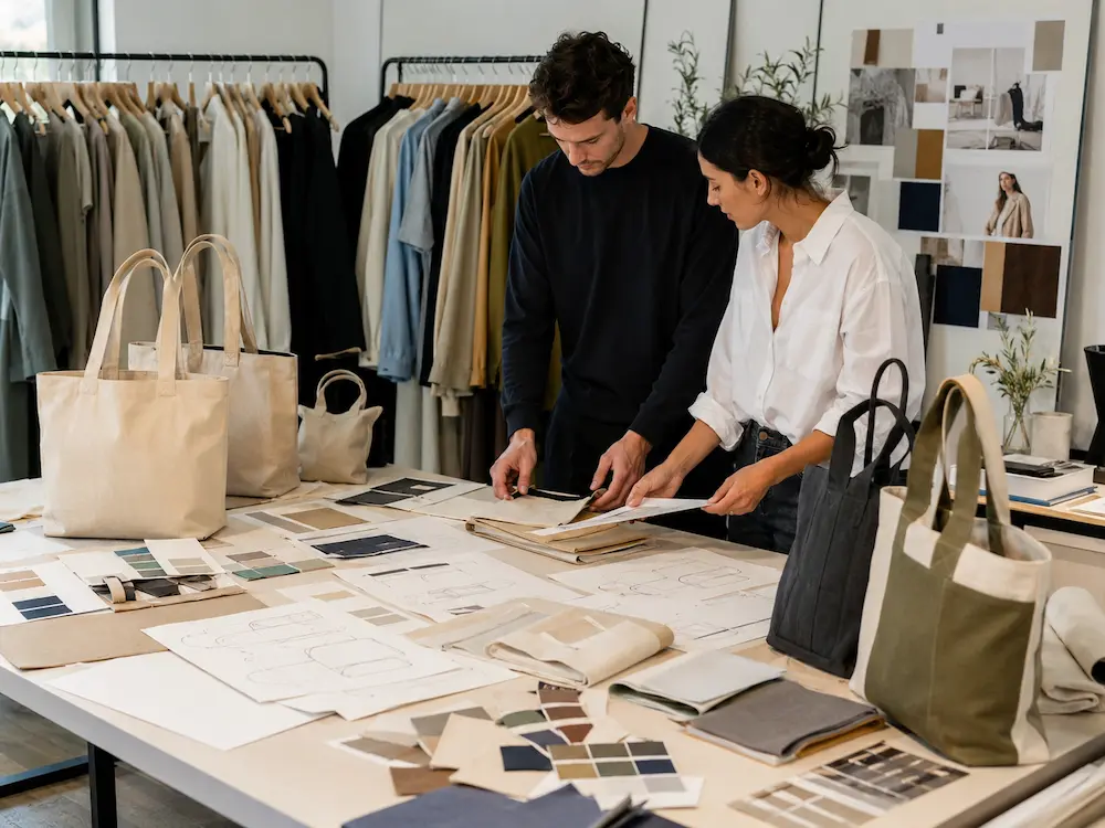 Fashion designers reviewing premium tote bag designs, fabrics, and branding concepts