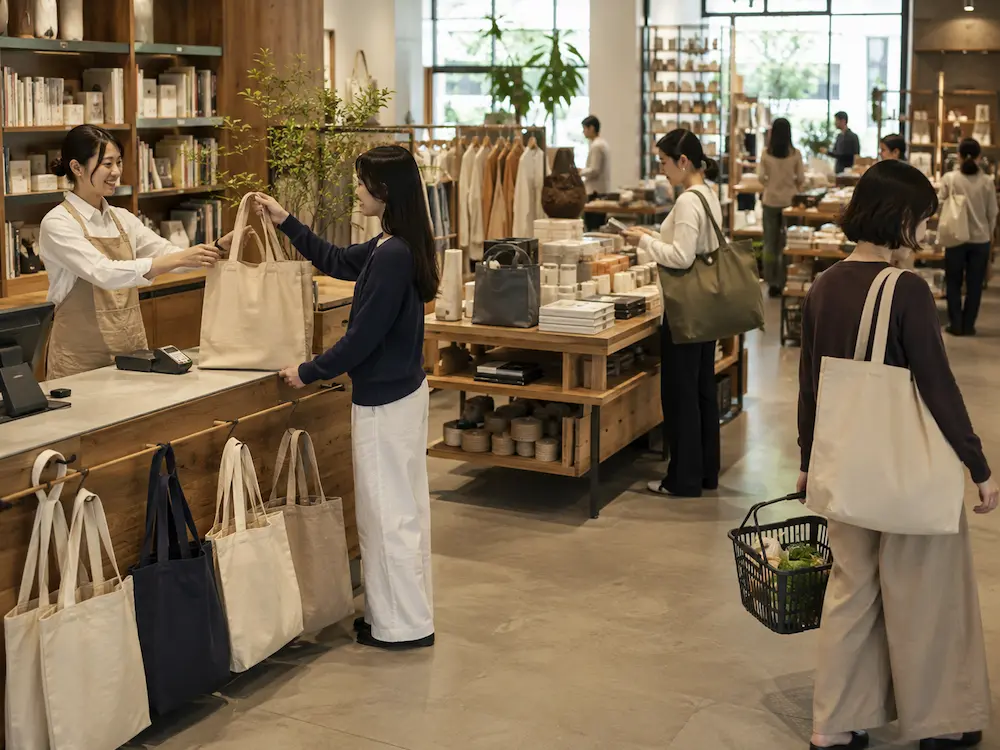 Reusable cotton and canvas tote bags displayed in a modern retail store for shopping and branding