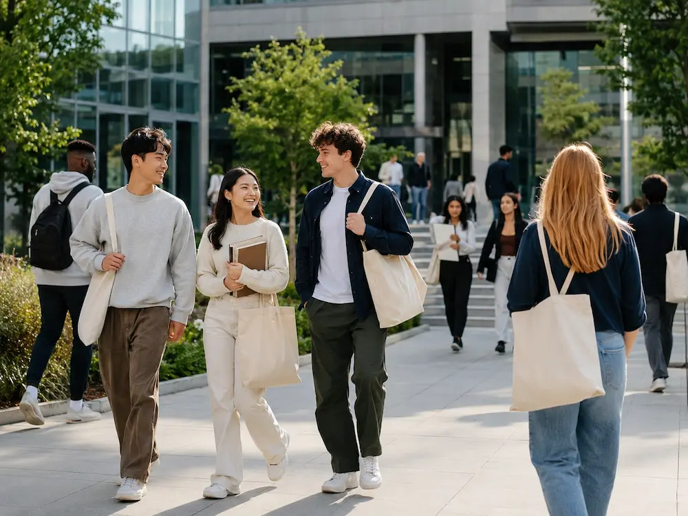 Students carrying reusable cotton and canvas tote bags on a school campus