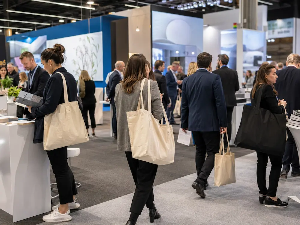 Business professionals carrying reusable tote bags at a trade show exhibition event