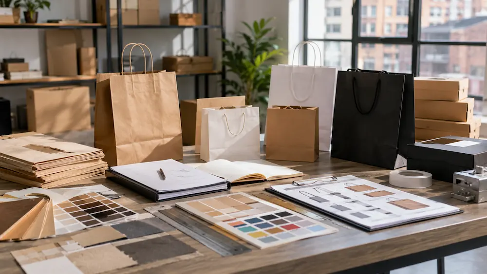 Wholesale retail paper bags with supplier quotations, packaging samples, and MOQ planning documents on a procurement desk.