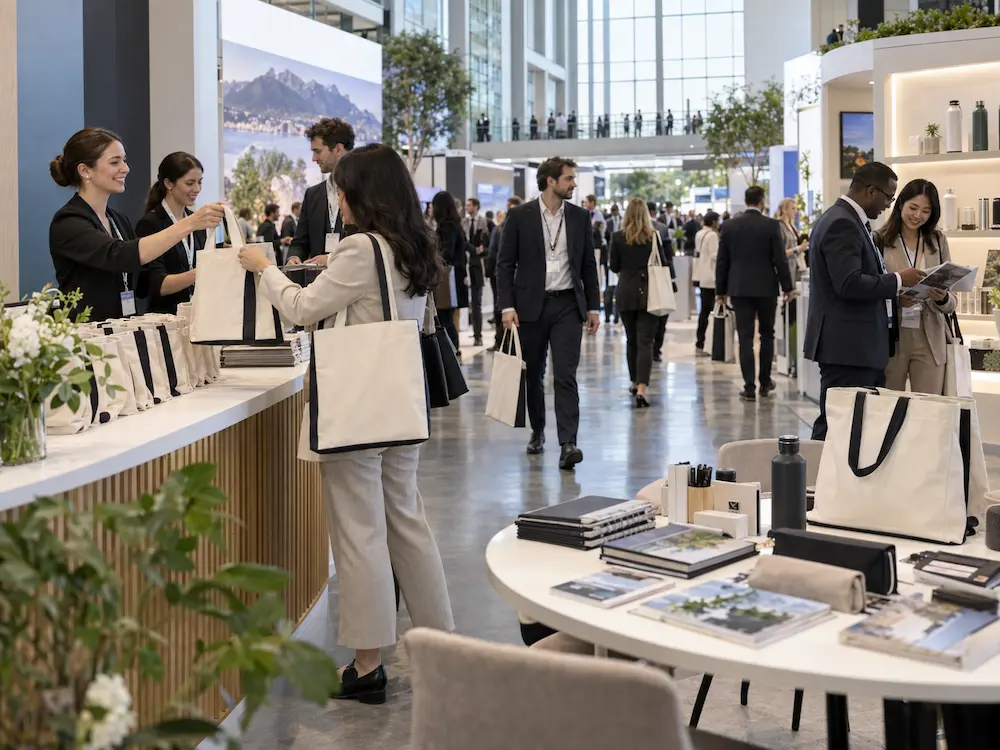 Cotton and canvas tote bags used by attendees for conference materials, exhibition catalogues, and trade show merchandise