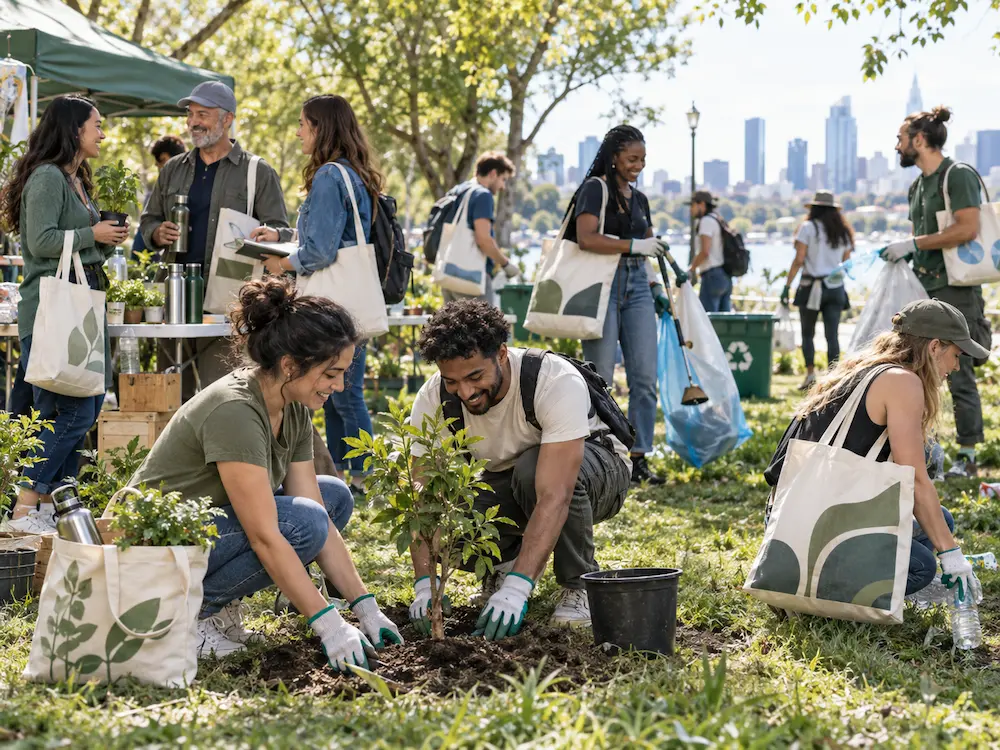 Reusable cotton and canvas tote bags used by volunteers during environmental awareness and community sustainability campaigns