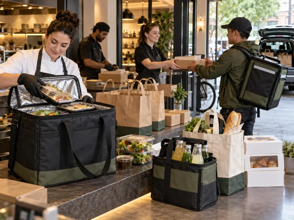 Insulated cooler tote bags and reusable food delivery bags carrying takeaway meals and beverages