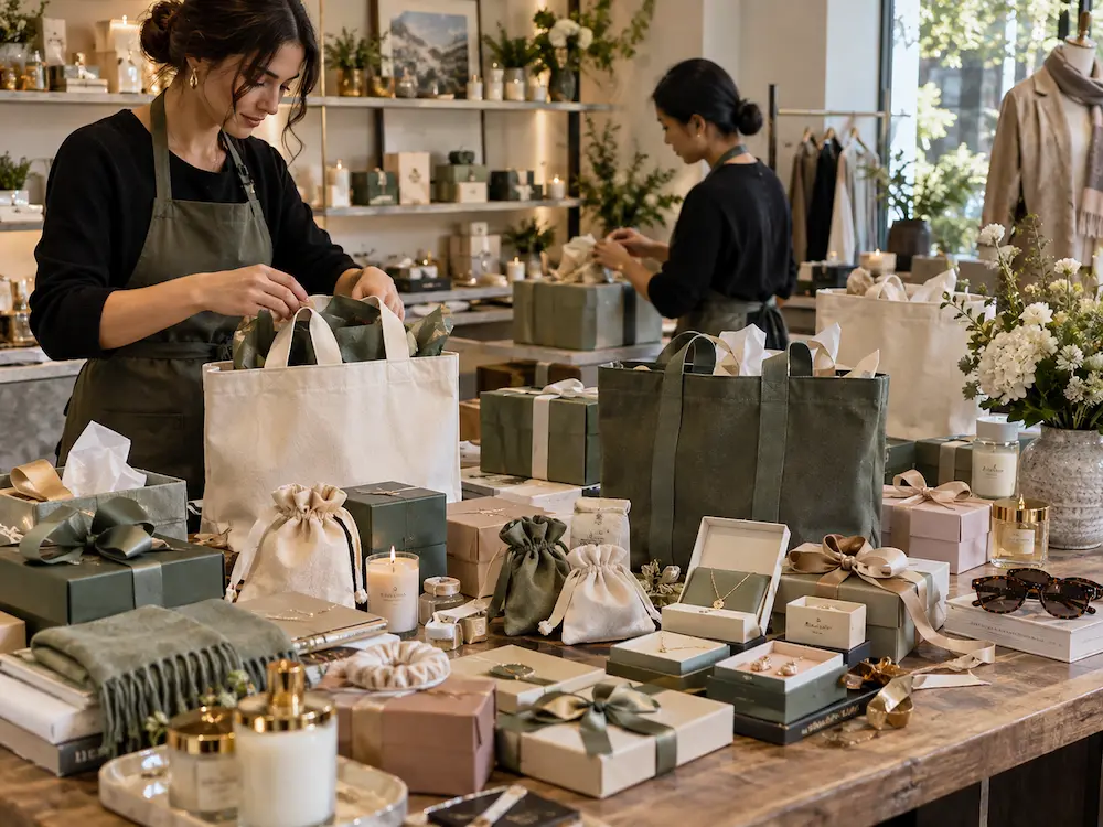 Reusable cotton and canvas tote bags with jewellery pouches and premium retail gift packaging