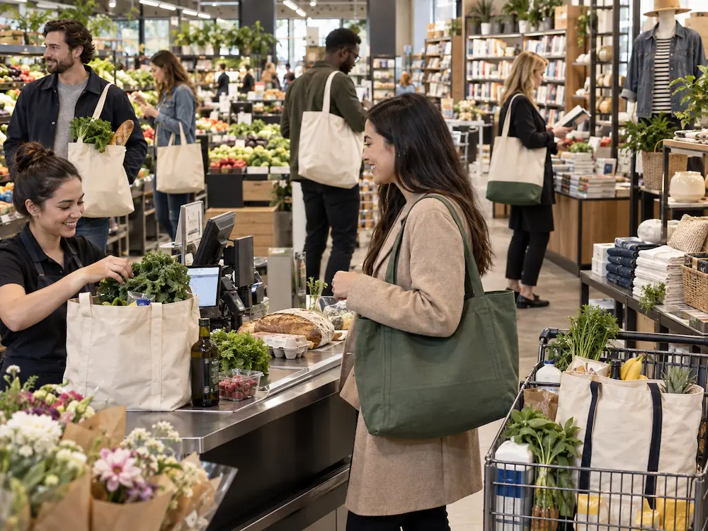 Reusable cotton and canvas tote bags used for grocery shopping and retail purchases in a modern supermarket