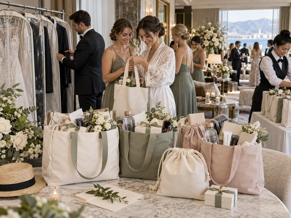 Cotton and canvas tote bags used as wedding welcome bags and event gift packaging with garment bags for formalwear
