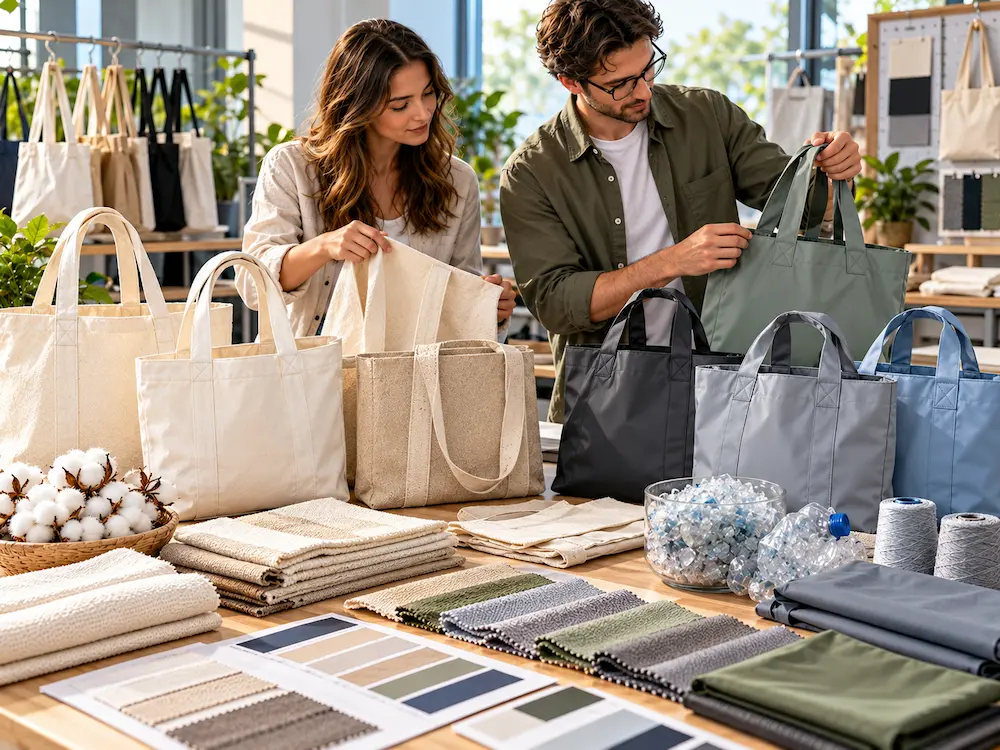 Cotton canvas tote bags and recycled polyester RPET tote bags compared side by side with fabric samples