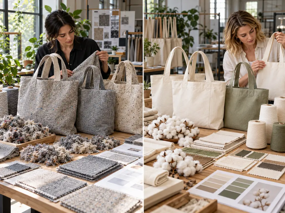 Recycled cotton tote bags and organic cotton tote bags compared side by side with textile samples and cotton fibres
