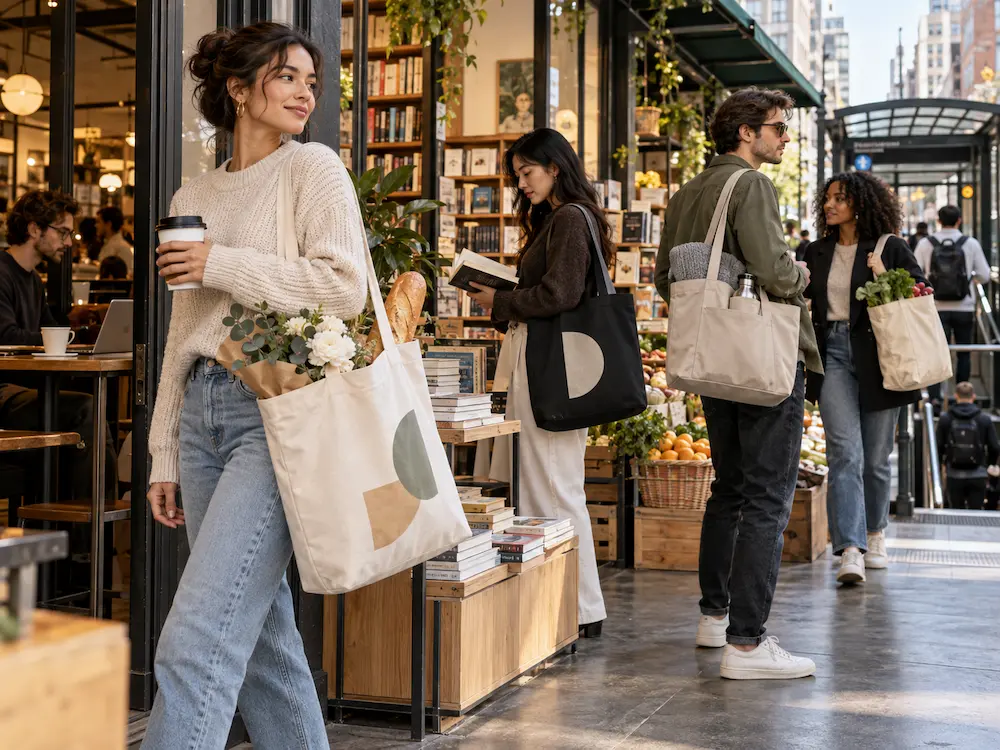 Cotton and canvas tote bags used for everyday shopping, commuting, books, and personal belongings