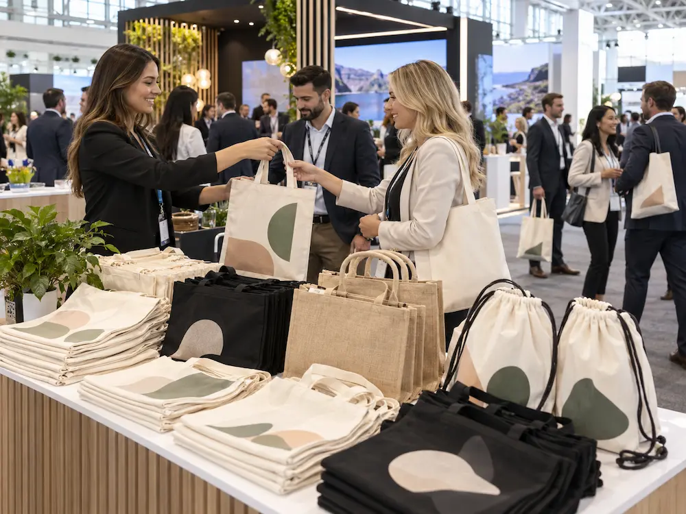 Custom cotton and canvas tote bags distributed as promotional giveaways at a corporate marketing event and trade show