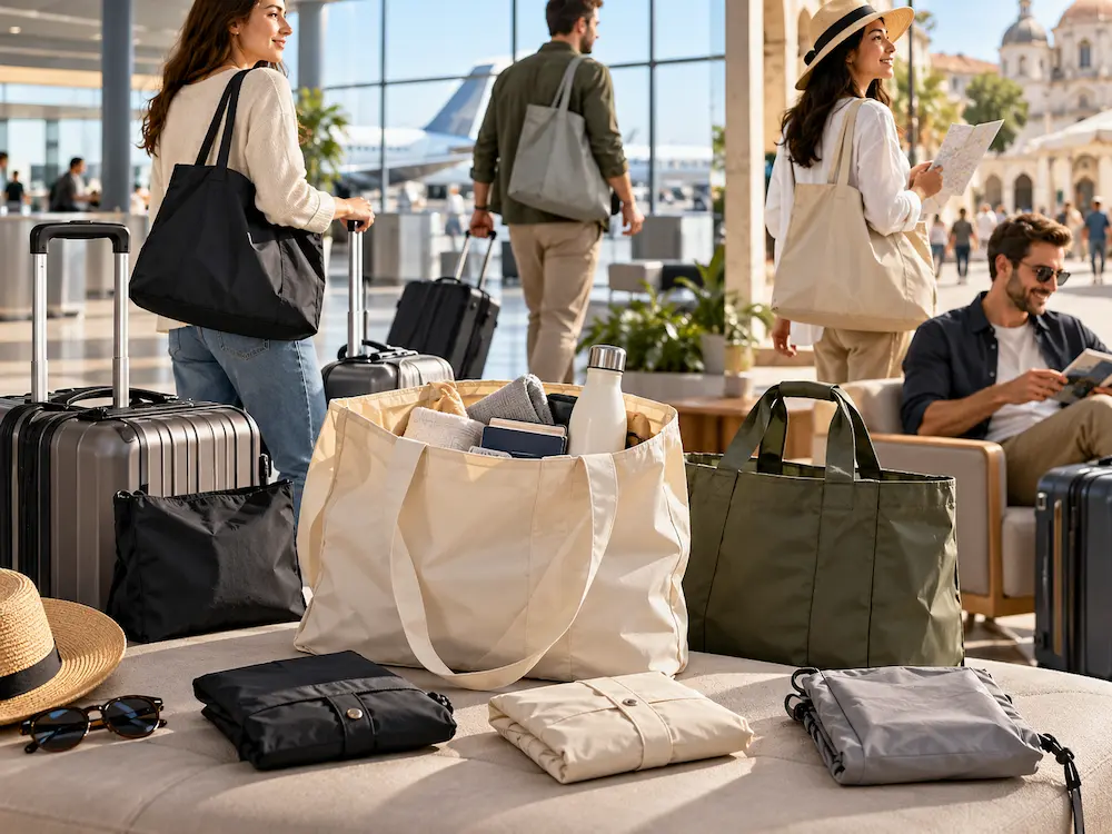 Lightweight foldable travel tote bags displayed beside a suitcase with compact storage pouches and everyday travel essentials